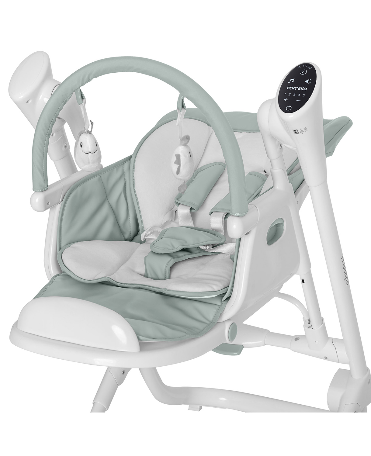 Стульчик-качели Triumph 2023 В режиме качели Triumph работает как от сети, так и от обычных пальчиковых батареек. Столешницу можно заменить дугой с мягкими игрушками. 