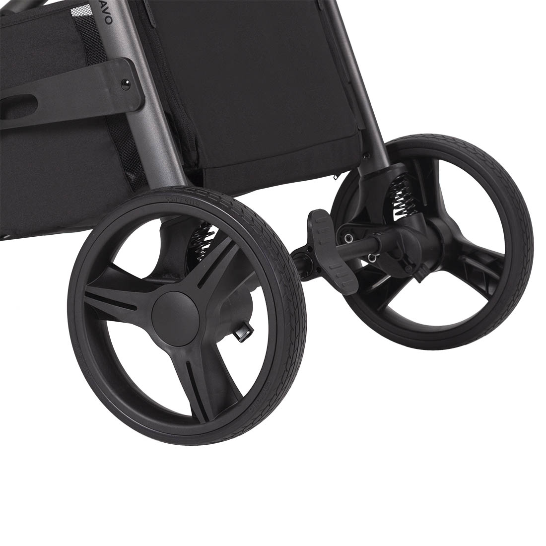 Прогулочная коляска Bravo PU 2026 ANIM Отзывчивый спаренный тормоз и мягкая пружинная амортизация на каждом колесе.
