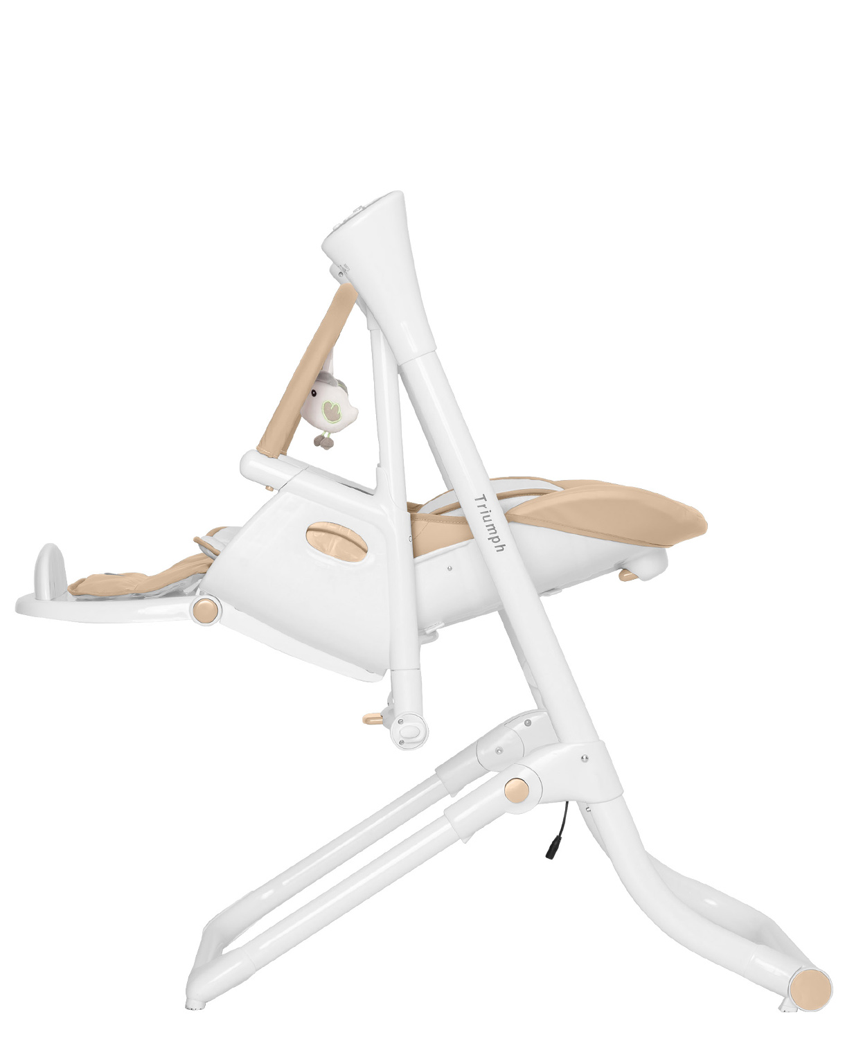 Стульчик-качели Triumph 2023 Для превращения стульчика в укачивающий центр достаточно опустить сиденье вниз и нажать на кнопку, снимающую блокировку качания. 